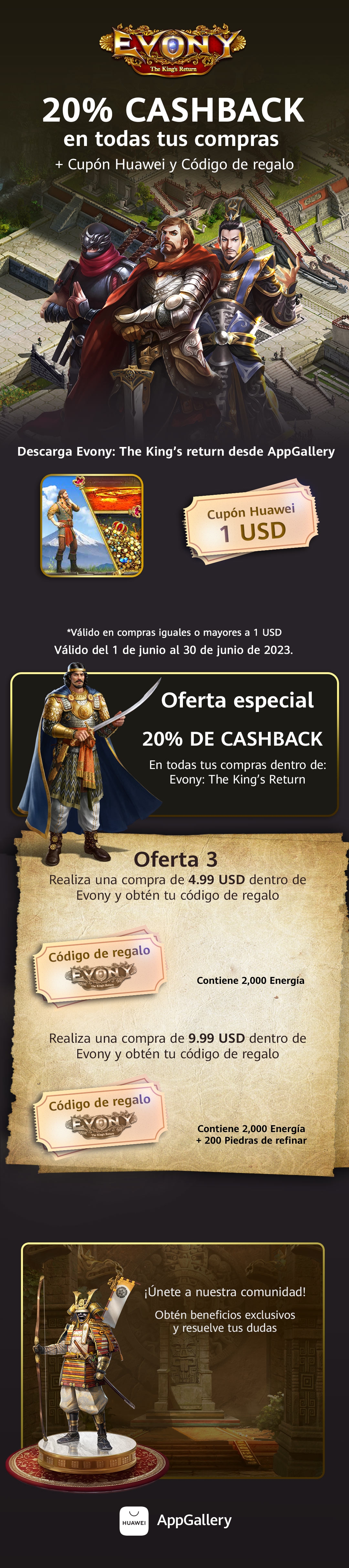 Evony ¡20 cashback + Cupón de 1 USD + Códigos de regalo!
